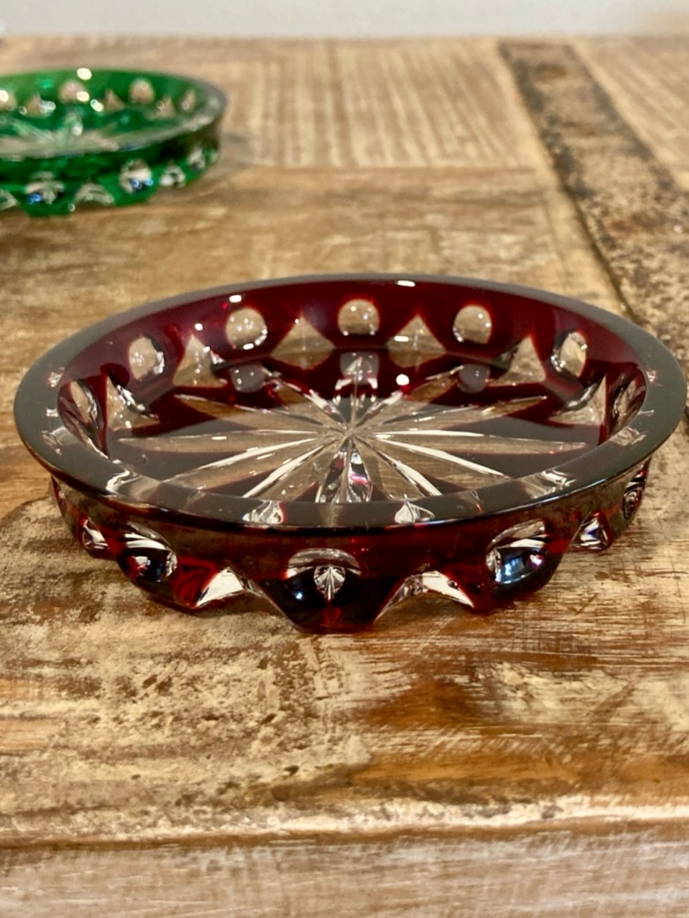 Faberge Xenia Drink Coasters Cut Crystal Red and Green with Starburst Pattern - Picture 9 of 16
